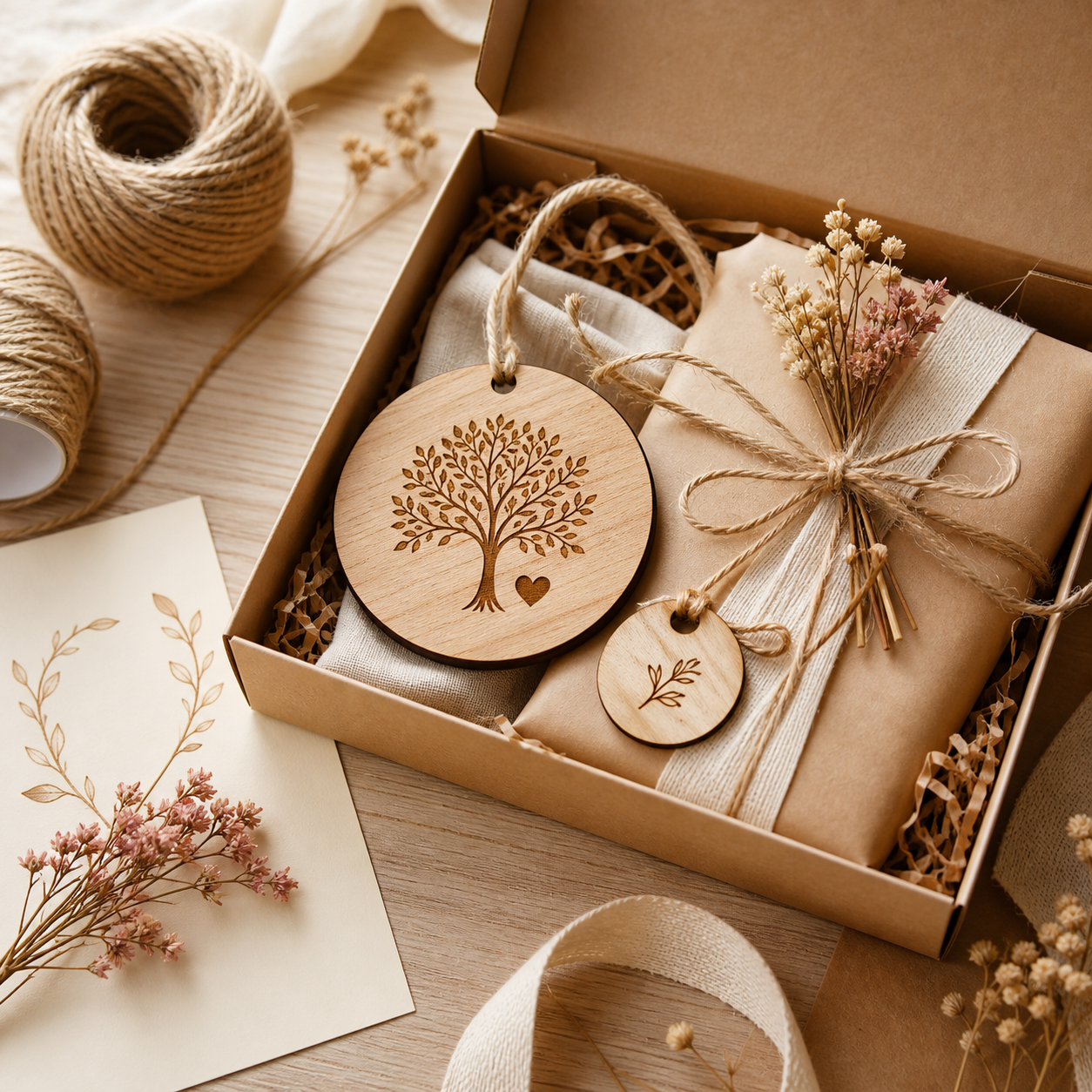 Liebevoll verpacktes graviertes Holzgeschenk mit Trockenblumen und Naturband